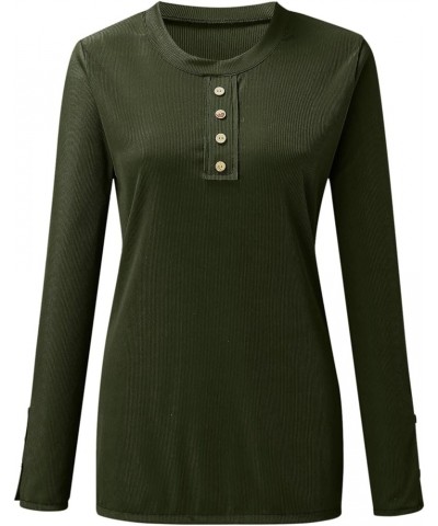 Women's Long Sleeve Henley Tshirts Button Down Slim Fit Casual Basic Tops Blouse Scoop Neck Ribbed Knit Shirts A3-army green ...