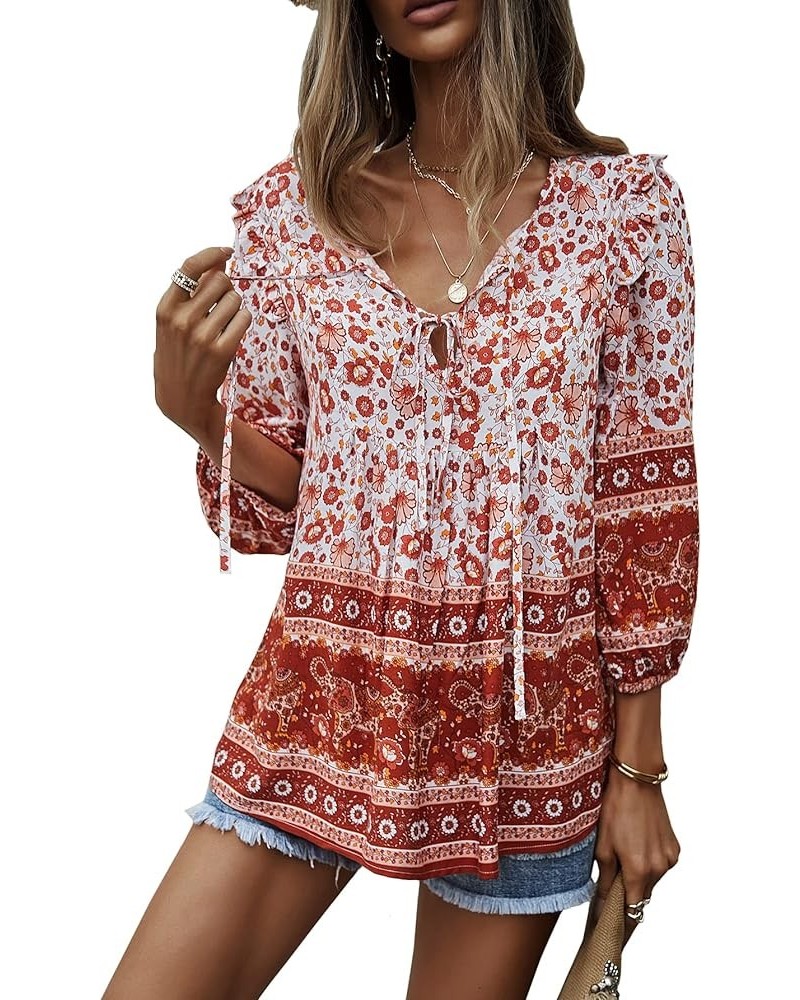 Women's Casual Boho V Neck Top Loose Floral Printed Long Sleeve Beach Shirts Blouses Red $21.59 Tops