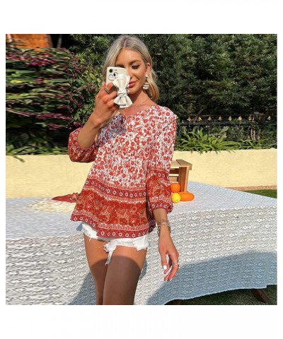 Women's Casual Boho V Neck Top Loose Floral Printed Long Sleeve Beach Shirts Blouses Red $21.59 Tops