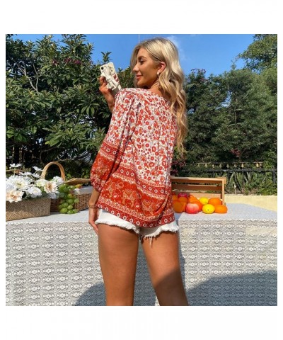 Women's Casual Boho V Neck Top Loose Floral Printed Long Sleeve Beach Shirts Blouses Red $21.59 Tops