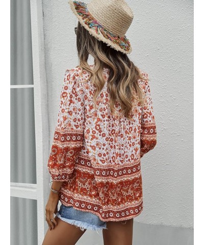 Women's Casual Boho V Neck Top Loose Floral Printed Long Sleeve Beach Shirts Blouses Red $21.59 Tops