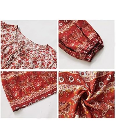 Women's Casual Boho V Neck Top Loose Floral Printed Long Sleeve Beach Shirts Blouses Red $21.59 Tops