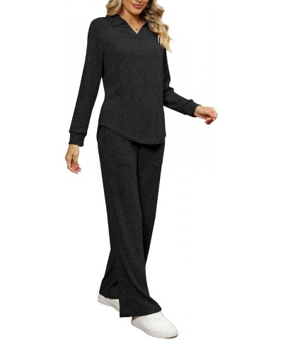 2 Piece Outfits for Women Loungewear Wide Leg Pants Sweatsuits Collar V Neck Pajama Sets Black $17.16 Sleep & Lounge