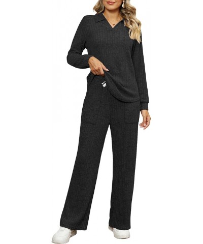 2 Piece Outfits for Women Loungewear Wide Leg Pants Sweatsuits Collar V Neck Pajama Sets Black $17.16 Sleep & Lounge