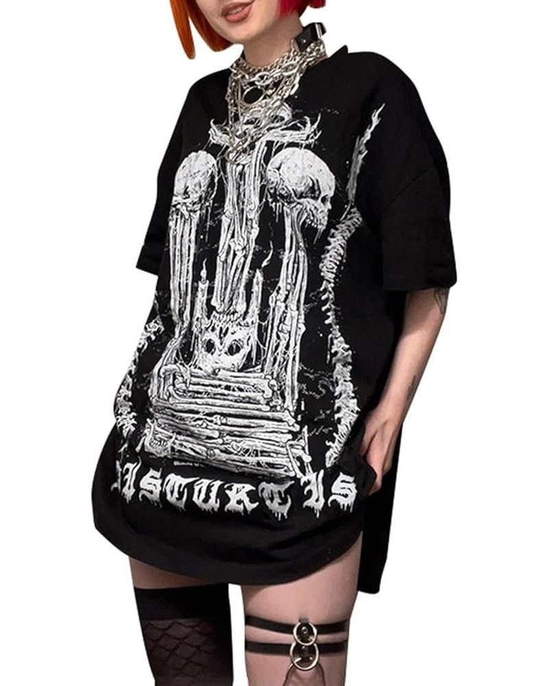 Women Y2k Graphic Short Sleeve Tees Skull Skeleton Oversized Top Gothic Aesthetic Grunge T-Shirt Halloween Clothes D-black Fo...