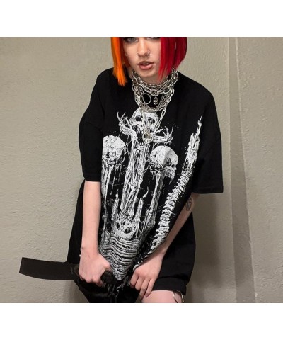 Women Y2k Graphic Short Sleeve Tees Skull Skeleton Oversized Top Gothic Aesthetic Grunge T-Shirt Halloween Clothes D-black Fo...