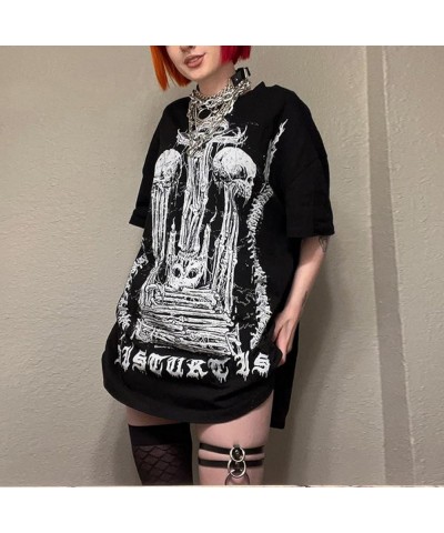 Women Y2k Graphic Short Sleeve Tees Skull Skeleton Oversized Top Gothic Aesthetic Grunge T-Shirt Halloween Clothes D-black Fo...