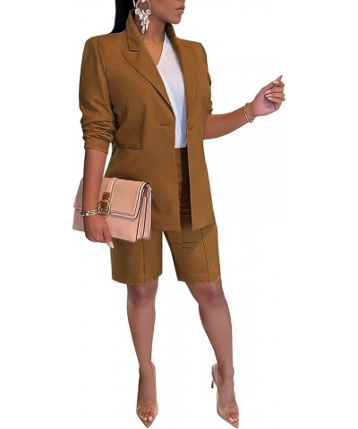 Womens 2 Piece Blazer Outfits Lapels Open Front Suit Jacket and Bermuda Shorts Set 02 Brown $25.91 Others