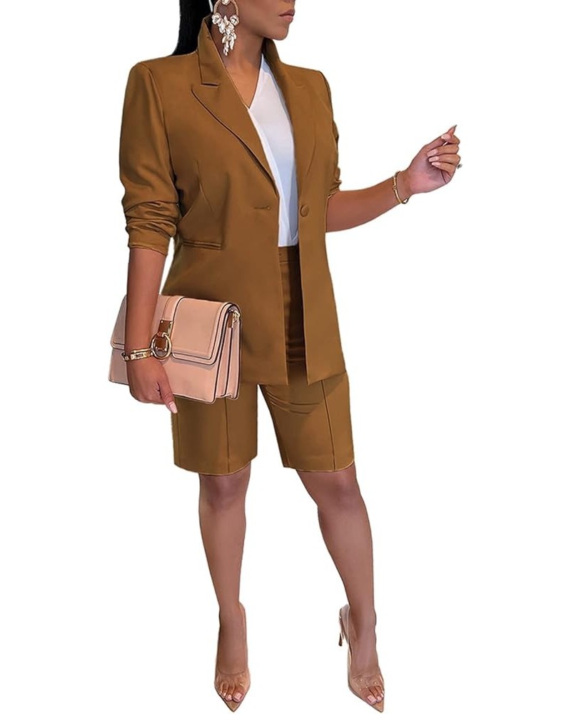 Womens 2 Piece Blazer Outfits Lapels Open Front Suit Jacket and Bermuda Shorts Set 02 Brown $25.91 Others