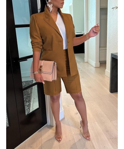 Womens 2 Piece Blazer Outfits Lapels Open Front Suit Jacket and Bermuda Shorts Set 02 Brown $25.91 Others