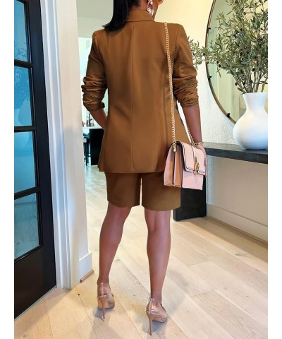 Womens 2 Piece Blazer Outfits Lapels Open Front Suit Jacket and Bermuda Shorts Set 02 Brown $25.91 Others