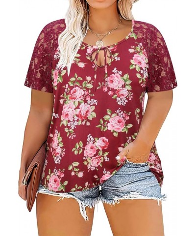 Plus Size Tops for Women Casual T-Shirt Short Sleeve Round V Neck Tunic Oversized Shirts XL-5XL A866-wine Red Floral $12.30 Tops