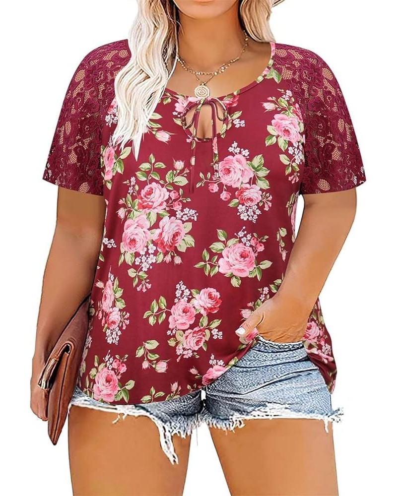 Plus Size Tops for Women Casual T-Shirt Short Sleeve Round V Neck Tunic Oversized Shirts XL-5XL A866-wine Red Floral $12.30 Tops