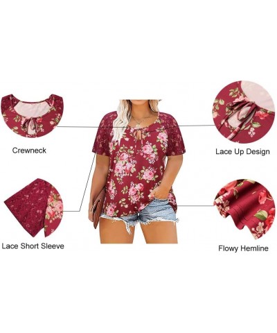 Plus Size Tops for Women Casual T-Shirt Short Sleeve Round V Neck Tunic Oversized Shirts XL-5XL A866-wine Red Floral $12.30 Tops