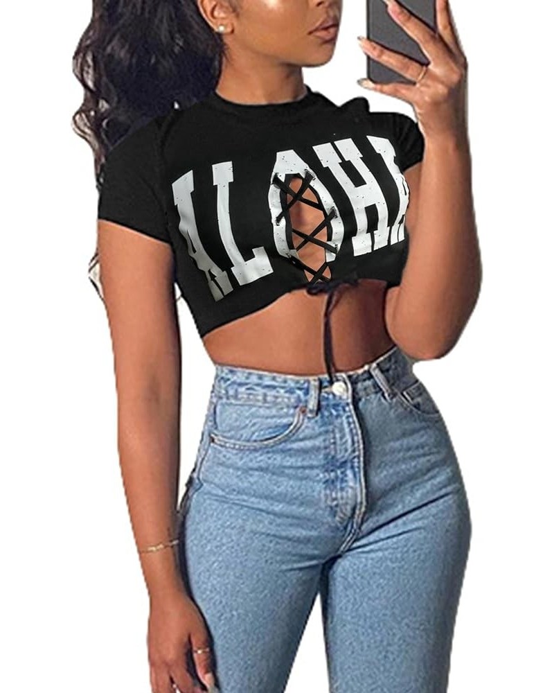 Women's Sexy Lace Up Crop Top Short Sleeve Cropped T Shirt Cutout Graphic Tee Ah-black $13.99 T-Shirts