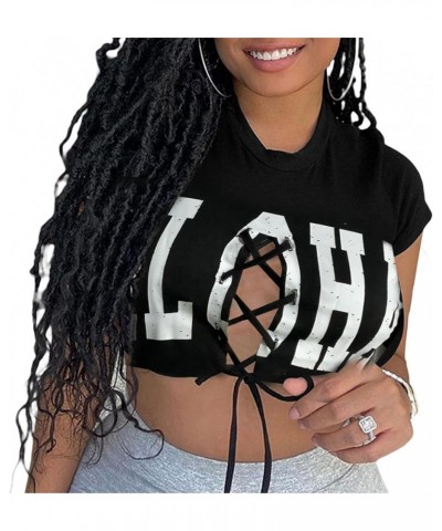 Women's Sexy Lace Up Crop Top Short Sleeve Cropped T Shirt Cutout Graphic Tee Ah-black $13.99 T-Shirts