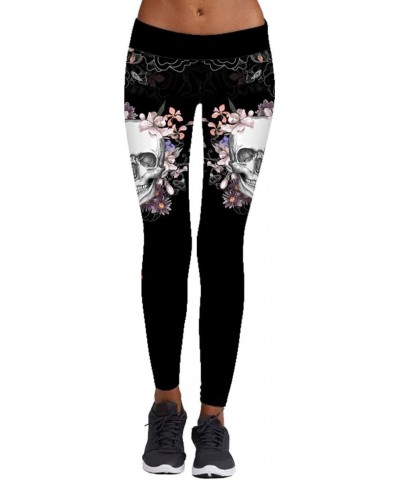 Women's High Waist Skull Printted Ankle Elastic Tights Legging I-skull in Flower $9.72 Others