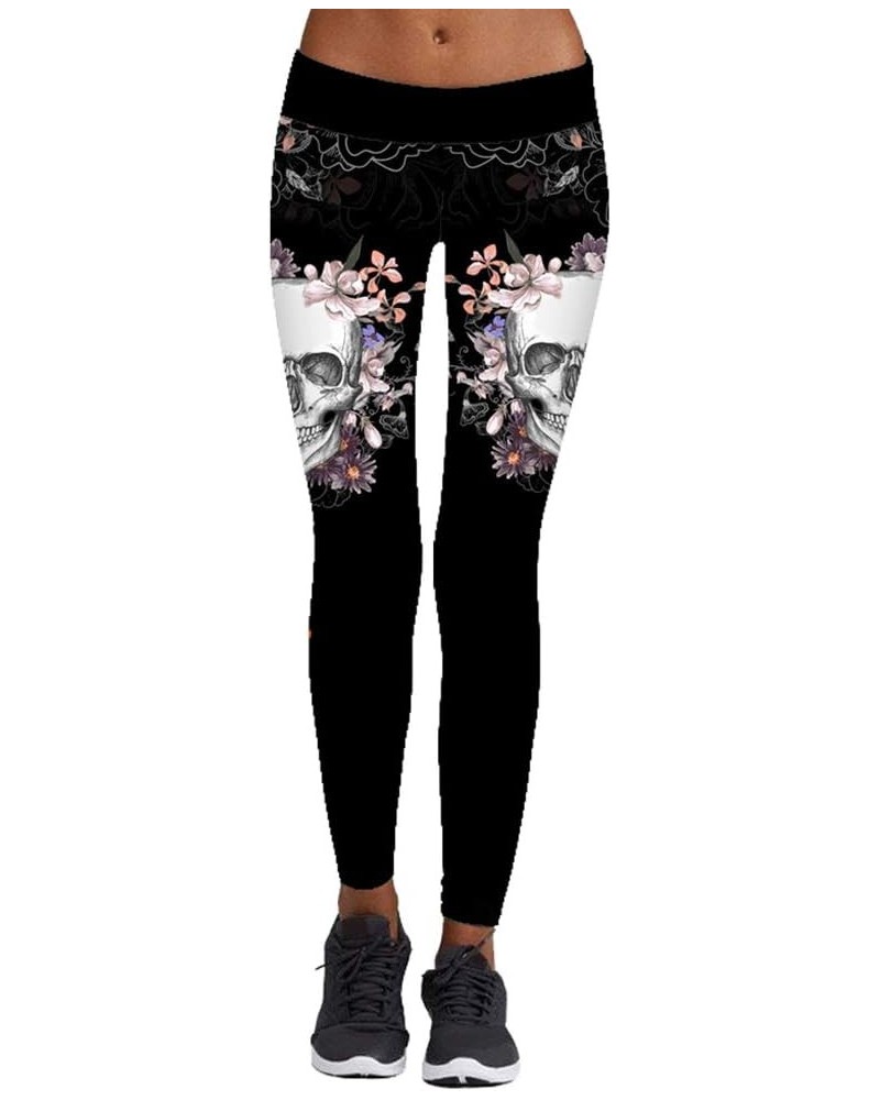 Women's High Waist Skull Printted Ankle Elastic Tights Legging I-skull in Flower $9.72 Others