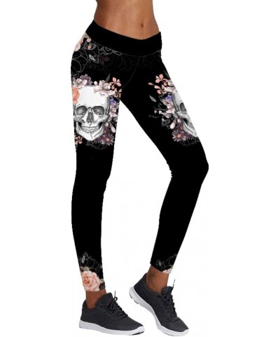 Women's High Waist Skull Printted Ankle Elastic Tights Legging I-skull in Flower $9.72 Others