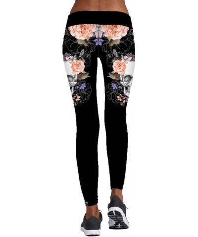 Women's High Waist Skull Printted Ankle Elastic Tights Legging I-skull in Flower $9.72 Others