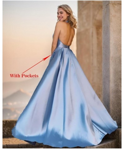 Halter Prom Dresses Long Ball Gown with Slit Satin Pleated A-Line Evening Party Gowns with Pockets Lilac $27.30 Dresses