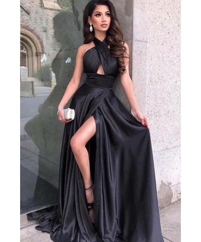 Halter Prom Dresses Long Ball Gown with Slit Satin Pleated A-Line Evening Party Gowns with Pockets Lilac $27.30 Dresses