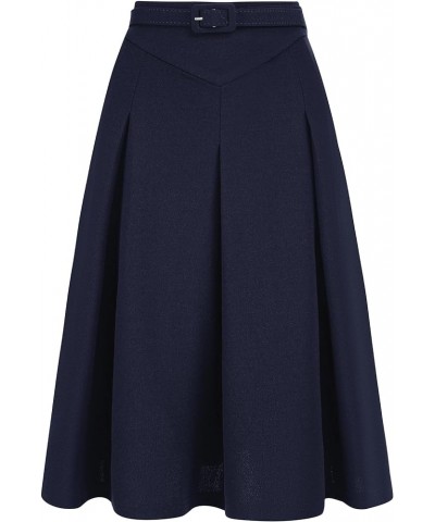 Women's A-Line Belted Waist Casual Midi Flare Pleated Skirt Dark Blue $18.33 Skirts