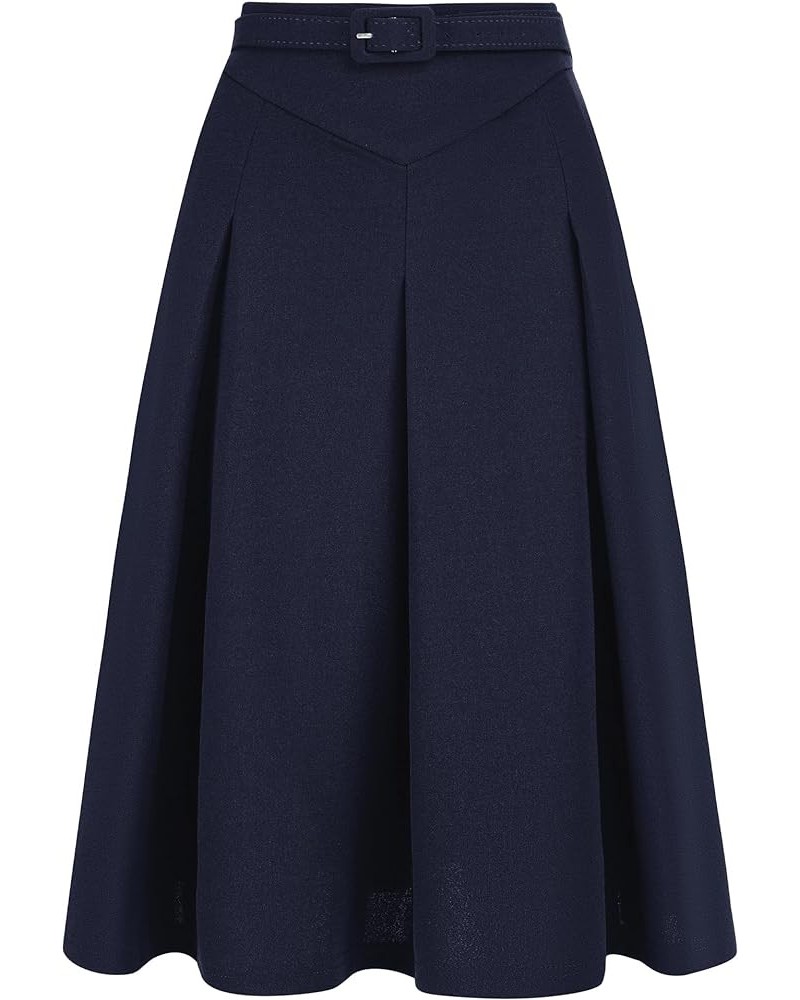 Women's A-Line Belted Waist Casual Midi Flare Pleated Skirt Dark Blue $18.33 Skirts