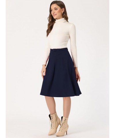 Women's A-Line Belted Waist Casual Midi Flare Pleated Skirt Dark Blue $18.33 Skirts