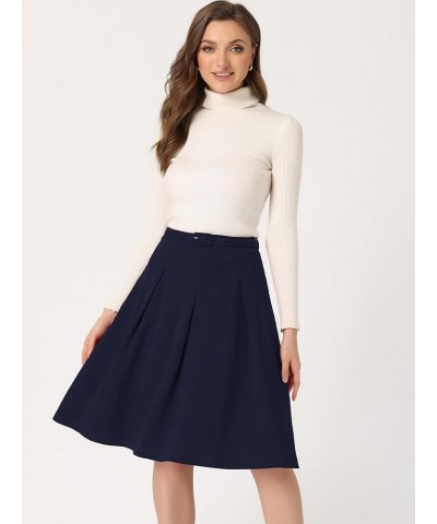 Women's A-Line Belted Waist Casual Midi Flare Pleated Skirt Dark Blue $18.33 Skirts