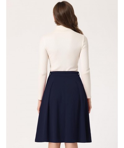 Women's A-Line Belted Waist Casual Midi Flare Pleated Skirt Dark Blue $18.33 Skirts