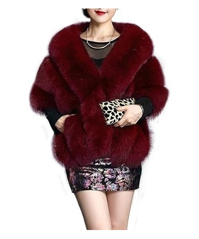 Women's Luxury Party Faux Fox Fur Long Shawl Cloak Cape for Winter Whiter A One Size A-burgundy $28.61 Coats