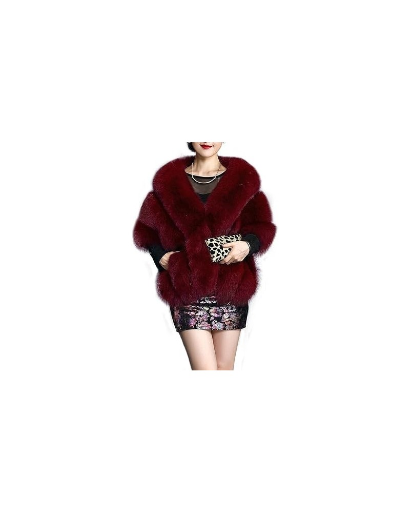 Women's Luxury Party Faux Fox Fur Long Shawl Cloak Cape for Winter Whiter A One Size A-burgundy $28.61 Coats