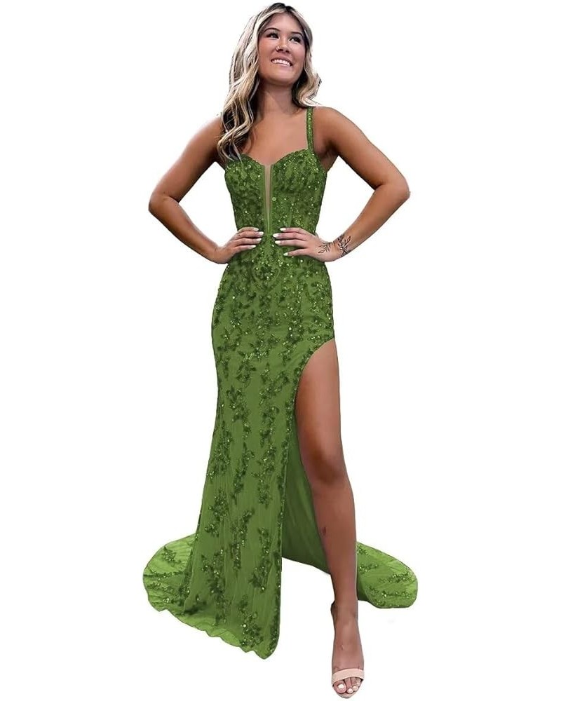 Sparkly Sequined Lace Mermaid Prom Dresses Long 2024 with Slit Spaghetti Straps Corset Formal Evening Gowns BI008 Olive Green...