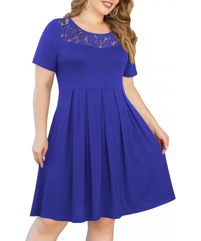 Women's Plus Size Short Sleeve Dress Casual Pleated Swing Dresses with Pockets Z-royal Blue $17.69 Dresses