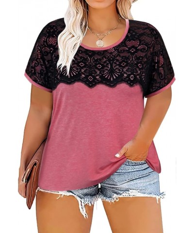 Plus Size Tops for Women Casual T-Shirt Short Sleeve Round V Neck Tunic Oversized Shirts XL-5XL B2-lace Wine Red $12.30 Tops