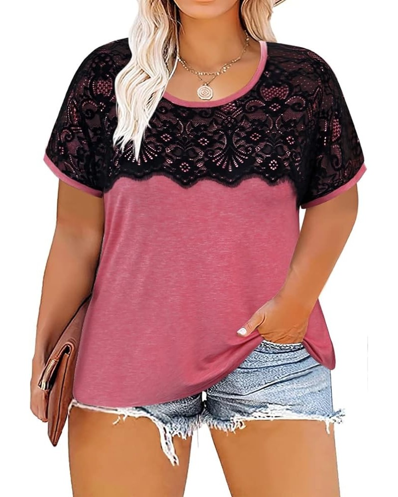 Plus Size Tops for Women Casual T-Shirt Short Sleeve Round V Neck Tunic Oversized Shirts XL-5XL B2-lace Wine Red $12.30 Tops