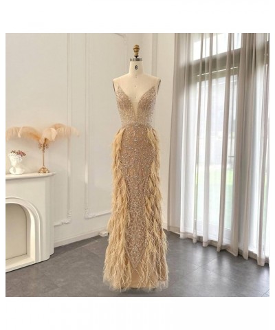 Luxury Feathers Mermaid Champagne Evening Dresses for Women Wedding Spaghetti Straps Prom Formal Gowns Champagne 14 $246.09 D...