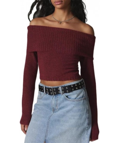 Women's 2024 Long Sleeve Off Shoulder Knit Sweater Y2k Slim Fit Casual Going Out Ribbed Crop Tops Spring Clothing A Red $11.2...