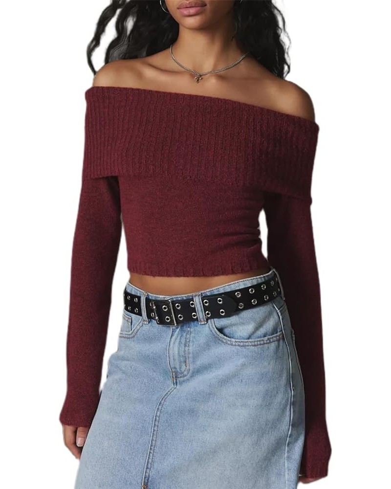 Women's 2024 Long Sleeve Off Shoulder Knit Sweater Y2k Slim Fit Casual Going Out Ribbed Crop Tops Spring Clothing A Red $11.2...