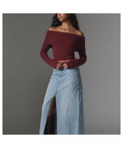 Women's 2024 Long Sleeve Off Shoulder Knit Sweater Y2k Slim Fit Casual Going Out Ribbed Crop Tops Spring Clothing A Red $11.2...