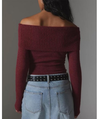 Women's 2024 Long Sleeve Off Shoulder Knit Sweater Y2k Slim Fit Casual Going Out Ribbed Crop Tops Spring Clothing A Red $11.2...