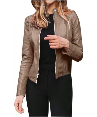 Women's Faux Leather Moto Biker Short Jacket Vintage Zip Up Pu Motorcycle Slim Fit Lightweight Cropped Coat Outerwear C-khaki...