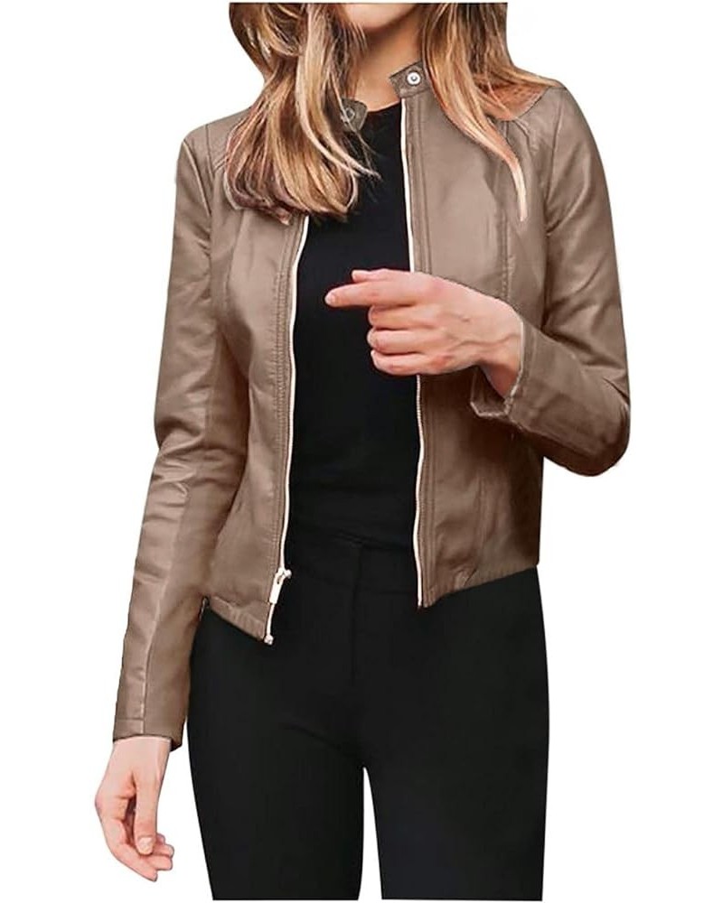 Women's Faux Leather Moto Biker Short Jacket Vintage Zip Up Pu Motorcycle Slim Fit Lightweight Cropped Coat Outerwear C-khaki...