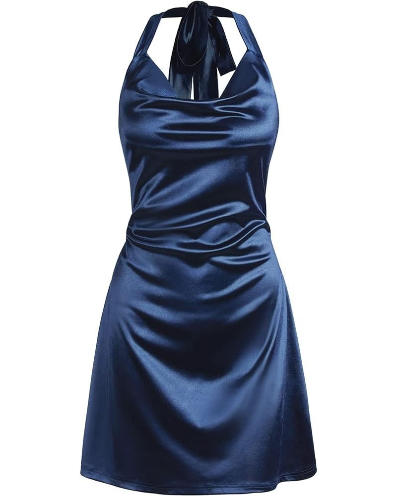 Women Halterneck Satin Mini Dress Sexy Cowl Neck Silky Party Cocktail Club Dress 0-navy Blue $20.24 Dresses