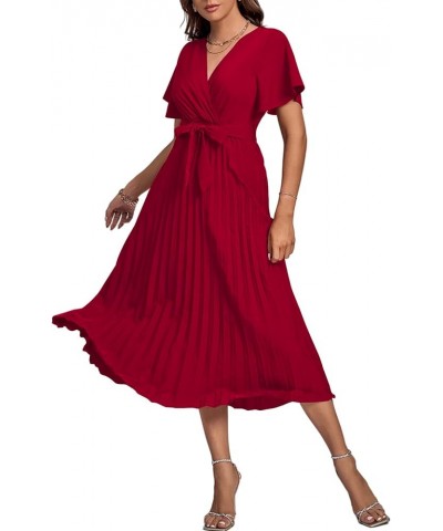 Women's Wrap V Neck Flutter Short Sleeve Tie Waist Ruffle Pleated A-line Midi Dress Wine Red $22.87 Dresses