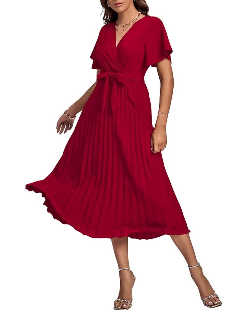 Women's Wrap V Neck Flutter Short Sleeve Tie Waist Ruffle Pleated A-line Midi Dress Wine Red $22.87 Dresses