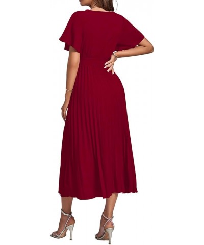 Women's Wrap V Neck Flutter Short Sleeve Tie Waist Ruffle Pleated A-line Midi Dress Wine Red $22.87 Dresses