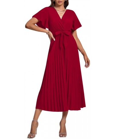 Women's Wrap V Neck Flutter Short Sleeve Tie Waist Ruffle Pleated A-line Midi Dress Wine Red $22.87 Dresses