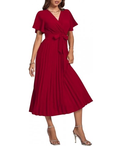 Women's Wrap V Neck Flutter Short Sleeve Tie Waist Ruffle Pleated A-line Midi Dress Wine Red $22.87 Dresses